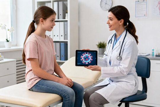 Teenage girl in safe healthcare environment talking to female gynecologist about HPV vaccine with 3D virus model on tablet screen, educational discussion in modern consultation room.