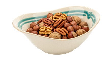 Bowl of mixed nuts isolated, including walnuts, pecans, and hazelnuts, a healthy snack for nutrition and energy on a transparent background