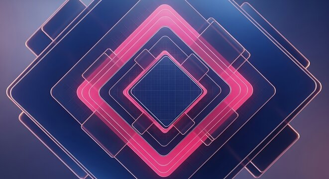 Abstract geometric composition with glowing pink rhombus shapes layered on a dark blue background with subtle grid pattern