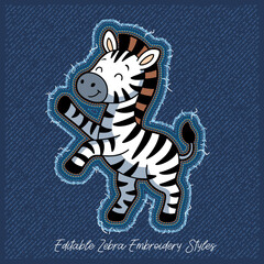 Cute Zebra Embroidery Style on Jeans Texture,vector illustration