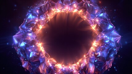 A glowing, geometrical portal composed of crystalline structures and fiery light, surrounded by a dark space