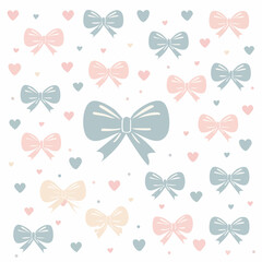 Pastel bows and hearts pattern on white background.