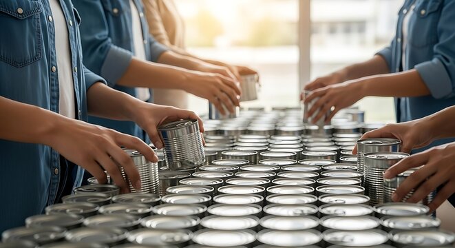 Diverse volunteers organizing and sorting canned food donations on a table for a community food bank or charity drive.