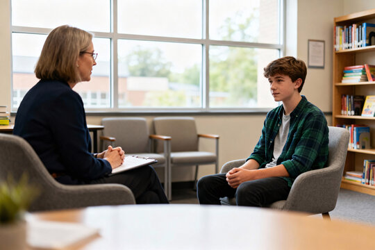 Teenage boy in school counseling room discussing concerns with psychologist, safe private supportive environment promoting calm, mental health and personal growth, copy space