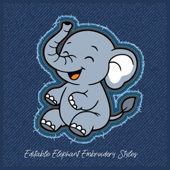 Happy Elephant Embroidery Style on Jeans Texture,vector illustration
