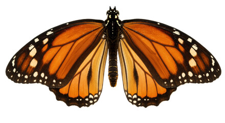 Monarch butterfly with open wings isolated on transparent PNG, orange and black insect with white spots for nature and science projects