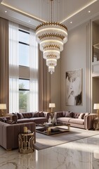 Luxury Living Room Interior with Marble Floors and Elegant Chandelier