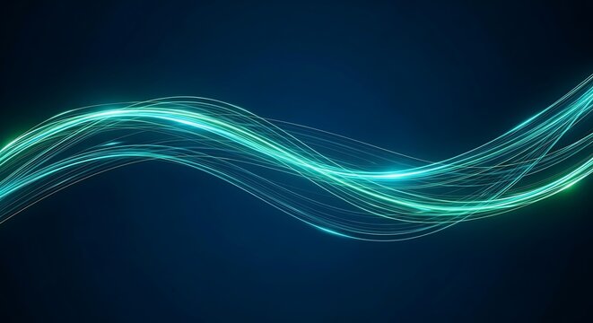 Abstract glowing blue and green light trails flowing in a dark blue background, representing energy and movement - Powered by Adobe