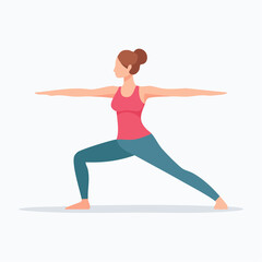 Woman in warrior pose, a yoga asana, wearing a pink top and blue leggings.