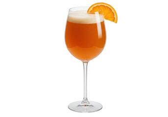 Refreshing Aperol spritz cocktail in wine glass isolated, orange slice garnish on transparent background for summer drink concept