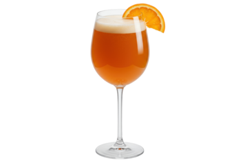 Refreshing Aperol spritz cocktail in wine glass isolated, orange slice garnish on transparent background for summer drink concept
