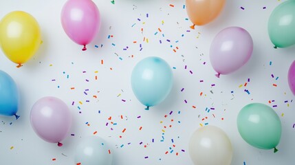 Festive background adorned with colorful balloons and confetti: A cheerful scene with floating balloons in various bright colors and confetti scattered across the frame, exuding celebration,
