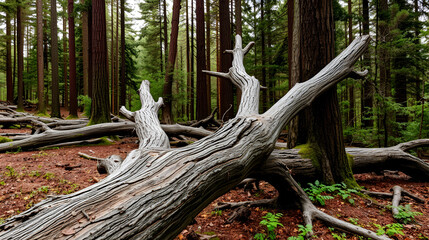 Broken Trunks Of Old Trees In The Forest.
