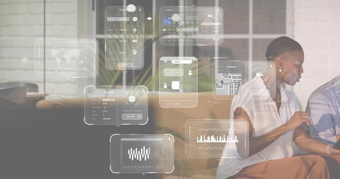 Tech coworkers toggling tablet, showing map UI panels then desk worker typing shipment request form