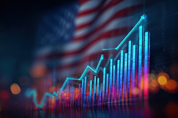 Financial chart overlaid with the American flag against an abstract bokeh background