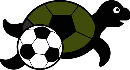 Obraz premium A cute cartoon illustration of a black turtle with a green shell next to a soccer ball.