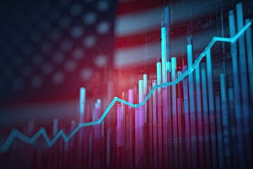 Financial data visualized with graph overlaying a blurred American flag, signifying economic performance