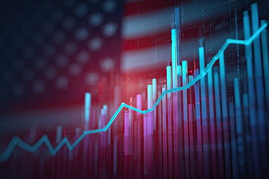 Financial data visualized with graph overlaying a blurred American flag, signifying economic performance - Powered by Adobe