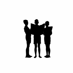 Villagers gathered around trainer with illustrated books silhouette isolated on white background