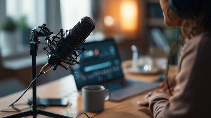 Close up of a microphone with a laptop and a person in the background recording a podcast session