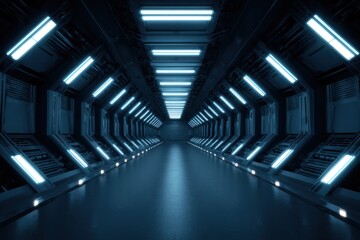 Futuristic Sci-Fi Tunnel with Blue Neon Lights and Reflective Floor.