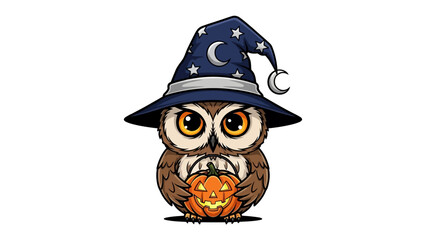 Mystical Owl with Pumpkin: A whimsical illustration of an owl adorned in a wizard's hat and cradling a carved pumpkin, embodying the spirit of Halloween.