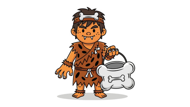 Little Caveman's Treat: A jovial young caveman, adorned in a stone-age ensemble, cheerfully clutches a whimsical bone-shaped container, inviting a dash of prehistoric playfulness.