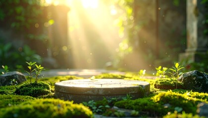 Golden sunbeams illuminate a moss-covered stone podium in an ethereal forest glade, a tranquil natural setting perfect for mindful contemplation or product showcase