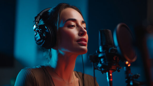 A young woman with headphones singing into a microphone in a recording studio with blue lighting