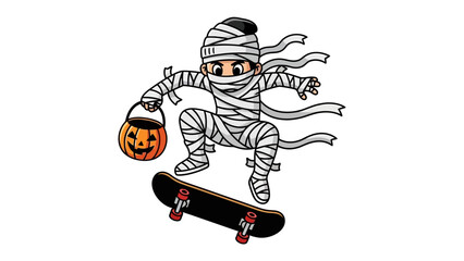 Mummy on a Skateboard: A playful illustration featuring a cartoon mummy balancing mid-air on a skateboard, with a pumpkin bucket in hand, embodying the spirit of Halloween and youthful energy.
