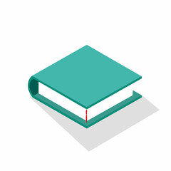 Isometric illustration of a closed book with a teal cover and a red bookmark.