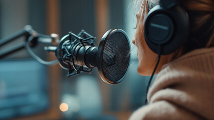 A woman with headphones speaking into a microphone in a recording studio setting with blurred background