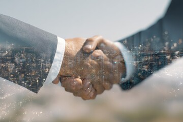 Close-up shot of two business people shaking hands overlaid with cityscape