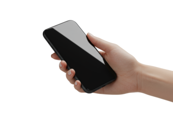 elegant female hand with nude nails gently holding a sleek black smartphone with a reflective blank screen, isolated on transparent, soft studio light, commercial product photography concept
