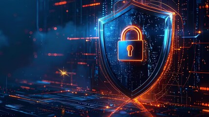 Cybersecurity shield animation with glowing padlock protecting digital data streams - Powered by Adobe