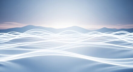 Abstract landscape of glowing blue and white waves, resembling a futuristic ocean or energy field, with soft mountain silhouettes and a bright sky