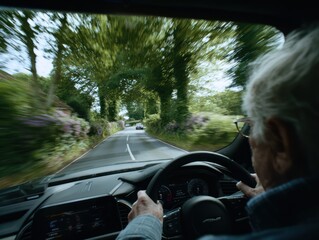 elderly casual typical english retired man as he drives a  modern car through the country