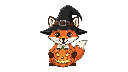 Obraz premium Cute Fox with Halloween Pumpkin: A charming fox, adorned in a witch hat, holds a carved pumpkin. It's a delightful image perfect for autumn or spooky season designs.