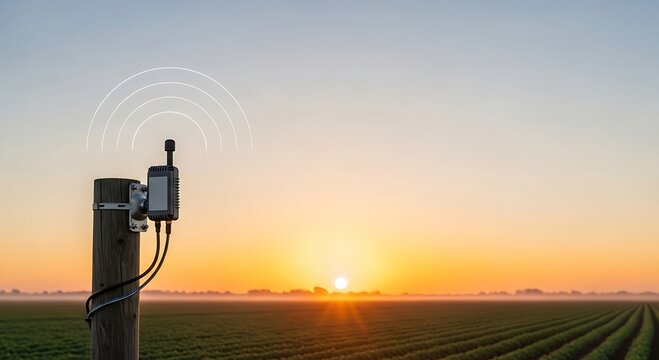Smart Farming Technology: IoT Sensor Transmitting Data from a Rural Crop Field at Sunrise. Precision Agriculture and Agritech Innovation Concept for Modern Farming.