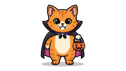 Obraz premium Spooky Feline: A cartoonish orange tabby cat dons a black cape, ready for Halloween night with a carved pumpkin bucket. This cute illustration brings the playful spirit of Halloween to life.
