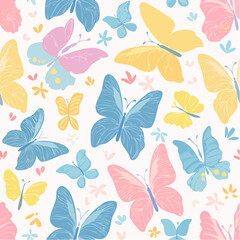 Obraz premium Pastel butterfly pattern with blue, pink, and yellow butterflies.