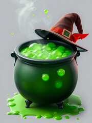 Witch cauldron full of green bubbling liquid on transparent background. 3D illustration