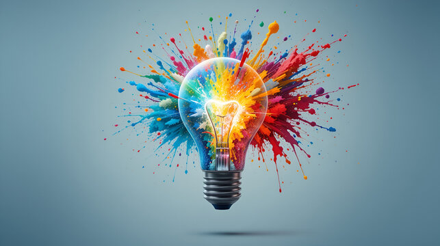 Colorful explosion of creativity emerging from a lightbulb, symbolizing innovation and fresh ideas