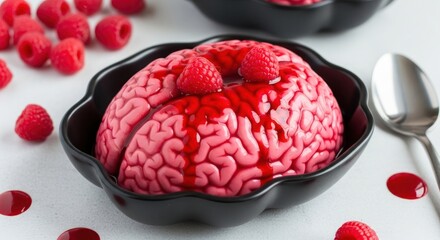 Halloween brain dessert with raspberry sauce and fresh raspberries served