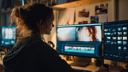 Woman editing video on dual monitors in a dimly lit room with a messy bun hairstyle and casual attire