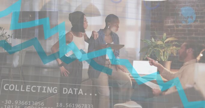 Team entering meeting and reviewing business data as data overlay streaming graphs as member enters