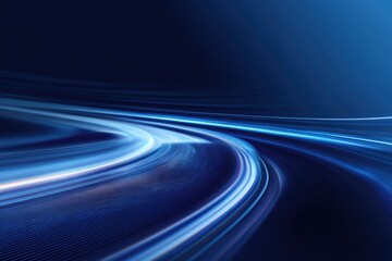 A dynamic blue abstract background featuring swirling light trails creating a sense of speed and motion