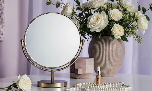 Elegant vanity scene featuring a round mirror, white roses, and pearls on a table