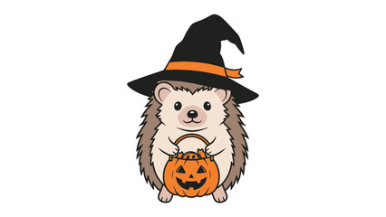 Hedgehog in Halloween costume: A whimsical illustration of a hedgehog joyfully embracing the spooky spirit, wearing a festive witch hat and holding a carved pumpkin lantern. perfect for Halloween.