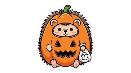 Hedgehog in Halloween Costume: A charming cartoon hedgehog, dressed in a carved pumpkin suit and carrying a ghostly treat bag, embodies the spirit of autumn.